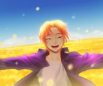  fate/zero fate_(series) field flower jacket male orange_hair outstretched_arms purple_jacket red_eyes smile solo takigi uryuu_ryuunosuke 