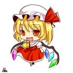  ascot blonde_hair chibi crystal flandre_scarlet hat hat_ribbon long_skirt open_mouth puffy_sleeves red_eyes ribbon runasion short_hair short_sleeves side_ponytail skirt solo touhou white_background wings 