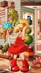  armpits arremora bare_shoulders beat_(rockman) bird blonde_hair blue_eyes boots broom capcom dog dress hair_ribbon highres open_mouth ponytail red_dress ribbon rockman rockman_(classic) roll rush_(rockman) 