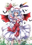  animal ascot bat bat_wings blue_hair bracelet capelet collarbone curiosities_of_lotus_asia feathers flower hat hat_ribbon highres jewelry long_sleeves puffy_sleeves red_eyes remilia_scarlet ribbon smile solo standing touhou wings yossyzero 