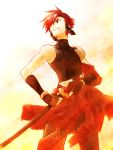  1boy aino_yumeri looking_back redhead short_hair smile solo sword weapon 