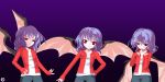  alphes_(style) alternate_costume bat_wings blue_hair blush casual contemporary hand_on_hip hips jacket jeans kaoru_(gensou_yuugen-an) no_hat no_headwear pants parody red_eyes remilia_scarlet short_hair simple_background slit_pupils style_parody touhou wings 