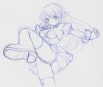  bare_shoulders boots breasts cleavage detached_sleeves elf elsword fighting_stance kasuga_yukihito kicking long_hair monochrome panties pantyshot pointy_ears rena_(elsword) sketch skirt solo standing_on_one_leg thigh-highs thigh_boots thighhighs traditional_media underwear 