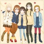  akiyama_mio black_hair blonde_hair blue_eyes boots brown_eyes brown_hair heart hirasawa_yui jacket k-on! k-on!_movie kotobuki_tsumugi machico_(mayuxoxo) multiple_girls nakano_azusa pantyhose shoes short_hair sneakers sweater tainaka_ritsu 