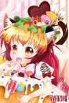  animal_ears blonde_hair blush bottomless bow brown_hair cake candy cat_ears cat_tail chen earrings fang food food_as_clothes food_themed_clothes fruit hat in_food jewelry lollipop multicolored_hair no_panties open_mouth orange puffy_sleeves short_hair short_sleeves solo tail takamoto_akisa touhou two-tone_hair 