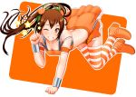  ;) arancia brown_eyes brown_hair food food_themed_clothes fruit grin hair_ornament nanahime_(aoi) orange original outline paw_pose skirt smile solo star striped striped_legwear thigh-highs thighhighs twintails wink 