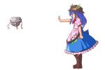  blue_hair bow food fruit hat hinanawi_tenshi keystone leaf long_hair neki-t outstretched_arms peach puffy_sleeves rock rope short_sleeves smile solo touhou white_background 