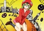  breasts cleavage facial_mark green_hair gumi hood hoodie matryoshka_(vocaloid) scary_v2 shoes sitting skirt socks solo v_arms vocaloid wariza yellow_eyes zipper 