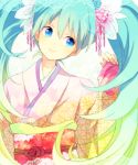  aqua_hair blue_eyes hatsune_miku head_tilt japanese_clothes kimono long_hair solo twintails very_long_hair vocaloid yy888s 