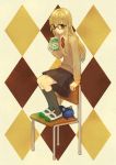  :&lt; argyle argyle_background arm_support blonde_hair brown_eyes chair drinking feet_on_chair glasses highres holding juice_box long_hair makoto2ryu necktie original ryunosuke_takahashi school_uniform sipping sitting skirt socks solo straw stuffed_animal stuffed_cat stuffed_toy takahashi_ryuunosuke uwabaki yellow_eyes 