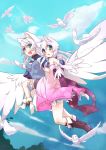  :d :o absurdres animal_ears ankle_ribbon aqua_eyes bare_shoulders bell bird blush boots breasts carrying dove fangs feathered_wings flying highres kazane_chinya long_hair multiple_girls open_mouth original pigeon smile white_hair wings 