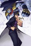  2boys asurafkmt black_hair fingerless_gloves gakuran gloves green_eyes hat jojo_no_kimyou_na_bouken kuujou_joutarou multiple_boys pointing school_uniform stand_(jojo) star_platinum 