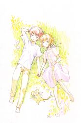  1girl barefoot barihian brown_hair card_captor_sakura cardcaptor_sakura casual child closed_eyes couple dress eyes_closed grass hand_holding highres holding_hands kero kinomoto_sakura li_xiaolang lying male short_hair sleeping 