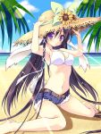  animal_ears armpits bare_legs barefoot beach belt bikini bikini_top black_hair blush bow breasts bunny_ears cleavage cutoffs denim denim_shorts flower hat highres long_hair nanaroba_hana original palm_tree purple_eyes rabbit_ears short_shorts shorts sitting solo straw_hat sun sunbeam sunflower sunlight swimsuit tree very_long_hair violet_eyes wariza 