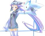  +_+ 1girl character_request gloves goggles goggles_on_head gym_leader holding hood hoodie kunno long_hair nagi_(pokemon) outstretched_arm pokemon pokemon_(game) pokemon_rse purple_eyes purple_hair thigh-highs thighhighs togekiss very_long_hair violet_eyes zettai_ryouiki 