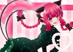  1girl animal_ears bow braid cat_ears cat_tail dress fangs hair_bow kaenbyou_rin long_hair looking_back multiple_tails open_mouth red_eyes red_hair redhead shiba_(mkii) smile solo tail touhou twin_braids 