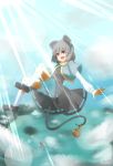  absurdres animal animal_ears basket bloomers capelet cloud clouds grey_hair highres long_sleeves mary_janes mouse mouse_ears mouse_tail moyasinobaka9627 nazrin open_mouth red_eyes ship shoes short_hair solo tail touhou 