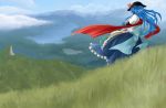  blue_hair cloud clouds crossed_arms from_behind grass hat highres hill hinanawi_tenshi judo_fuu jyudo_fu lake landscape long_hair long_skirt mountain red_scarf scarf scenery skirt solo standing touhou wind 