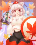  :d animal_ears blush breasts em_s fang hat inubashiri_momiji navel open_mouth red_eyes shield short_hair silver_hair smile solo sword tail tokin_hat touhou weapon wolf_ears wolf_tail 