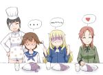  4girls apron bad_food black_hair blonde_hair brown_hair chef_hat chinchilla curry eyepatch food glasses hat heart minna-dietlinde_wilcke miyafuji_yoshika multiple_girls o_o perrine_h_clostermann sakamoto_mio strike_witches sweatdrop toque_blanche 