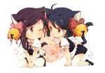  absurdres animal_ears apron bad_id bell black_hair bow cat_ears cat_tail catgirl chibi fang hair_bell hair_bow hair_ornament hand_on_another&#039;s_face hand_on_another's_face highres m.u maid mary_janes minigirl multiple_girls open_mouth original paw_print pink_eyes purple_eyes purple_hair red_eyes shoes tail thigh-highs thighhighs umiko_(munemiu) waist_apron white_legwear wince wink 