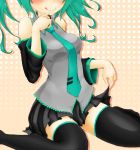  :q detached_sleeves finger_to_mouth green_hair hatsune_miku highres necktie nerupetan sitting skirt solo thigh-highs thighhighs tongue vocaloid wariza 