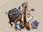  1boy boots closed_eyes eyebrows eyes_closed grey_hair hands_in_pockets hunger labcoat male nidoran old_man ookido_yukinari pants pokemon pokemon_(creature) pokemon_(game) tauros thick_eyebrows 