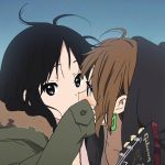  akiyama_mio alternate_costume alternate_hairstyle black_eyes black_hair blush brown_hair face guitar hand_on_another's_face hime_cut hirasawa_yui instrument k-on! k-on!_movie kiss long_hair multiple_girls open_mouth short_hair singing! singing!! wind yuri 