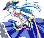 blue_hair bow daba food frills fruit hat highres hinanawi_tenshi leaf long_hair long_skirt open_mouth peach puffy_sleeves red_eyes short_sleeves skirt solo sword sword_of_hisou touhou very_long_hair weapon