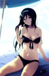  arm_support beach_umbrella bikini black_hair blue_eyes blush breasts frilled_bikini frills front-tie_top hair_between_eyes hairband hyouka irisu_fuyumi long_hair looking_at_viewer mound_of_venus navel off_shoulder shian_(my_lonly_life.) shiny shiny_skin sitting smile solo strap_slip swimsuit 