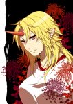  blonde_hair bust collarbone face fang flower highres horn hoshiguma_yuugi kuronohana long_hair pointy_ears red_eyes shirt smile solo spider_lily touhou 