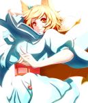  \n/ animal_ears arm_up blonde_hair breasts dearmybrothers fox_ears fox_tail highres lips looking_back multiple_tails short_hair smile solo tail touhou white_background yakumo_ran yellow_eyes 