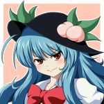  blue_hair bow bust food fruit hat hinanawi_tenshi leaf long_hair peach red_eyes smirk solo touhou 