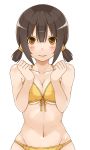  bikini black_hair blush breasts brown_eyes cleavage front-tie_top mo-fu navel original short_hair short_twintails solo swimsuit twintails 
