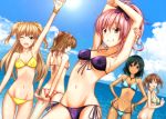  absurdres armpits arms_up bangle bikini blonde_hair bracelet breasts brown_eyes brown_hair cleavage cloud clouds dutch_angle fang front-tie_top green_hair halter_top halterneck hands_on_hips highres idolmaster idolmaster_cinderella_girls jennifer_yamada jewelry jougasaki_mika jougasaki_rika long_hair looking_at_viewer lowleg lowleg_bikini moroboshi_kirari mound_of_venus multiple_girls natalia_(idolmaster) navel necklace open_mouth pink_hair ponytail profile purple_eyes short_hair side-tie_bikini sky smile striped striped_bikini striped_swimsuit swimsuit totoki_airi twintails two_side_up violet_eyes water waving wink yellow_eyes 