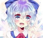  ahoge bad_id blue_eyes blue_hair blush bow cirno gingetsu_ringo hair_bow ice ice_wings open_mouth short_hair solo star touhou v wings 