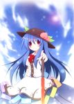 beni_shake blue_hair blush bow cloud clouds food fruit hat hinanawi_tenshi leaf long_hair long_skirt peach pointing puffy_sleeves red_eyes short_sleeves skirt sky smile solo standing sword sword_of_hisou touhou very_long_hair weapon 