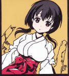  blush breasts brown_eyes goncccc japanese_clothes jindai_komaki large_breasts miko saki solo traditional_media twintails 