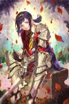  armor autumn_leaves blue_eyes leaf necktie original purple_hair sitting solo sword v8 water weapon 
