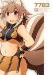  animal_ears antenna_hair blazblue blush breasts brown_hair fingerless_gloves gloves hand_on_hip highres hips makoto_nanaya mirano red_eyes solo squirrel_ears squirrel_tail tail under_boob underboob 