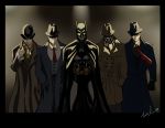  5boys batman batman_(series) bruce_wayne cape coat crossover dc dc_comics detective fedora hat hunting_hat looking_at_viewer male mask multiple_boys orangebox01 pipe rorschach serious sherlock_holmes standing the_question the_spirit trench_coat 
