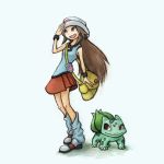  1girl bag blue_(pokemon) brown_eyes brown_hair bulbasaur flat_chest hat hunger long_hair loose_socks open_mouth pleated_skirt pokegear pokemon pokemon_(creature) pokemon_(game) porkpie_hat satchel skirt sleeveless socks wristband 