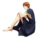  1boy asurafkmt barefoot black_eyes brown_hair caster_(fate/zero)_(cosplay) cosplay dress earrings fate/zero fate_(series) jewelry sitting solo uryuu_ryuunosuke 