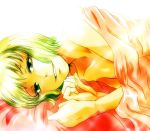  1girl bed_sheet blanket bruce_lee&#039;s_jumpsuit green_eyes green_hair huang_baoling looking_at_viewer lying nude on_side rduuroorn short_hair solo tiger_&amp;_bunny under_covers 