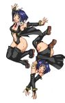  2girls android armpits ass bare_shoulders blue_hair breasts brown_eyes cleavage cyberpunk elf facial_mark falling gunnm gunnm_last_order hips lips looking_at_viewer multiple_girls open_mouth short_hair smile thigh-highs thighhighs zettai_ryouiki zwolf 
