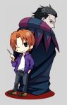  2boys black_eyes black_hair caster_(fate/zero) chibi fate/zero fate_(series) jacket kubyou_azami leopard_print multiple_boys orange_hair purple_jacket scalpel shoes sneakers uryuu_ryuunosuke wink 