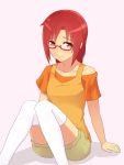  bespectacled blush casual glasses hair_down highres hino_akane long_hair looking_at_viewer precure red-framed_glasses red_eyes red_hair redhead short_hair shorts smile_precure! solo thigh-highs thighhighs touhou unpale white_legwear 