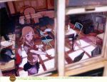  blurry bottle brown_eyes brown_hair chair classroom depth_of_field digital_media_player folding_chair hand_on_own_chest highres instrument instrument_case long_hair miyamoto_konatsu music_stand necktie office_chair official_art outstretched_hand pleated_skirt scan school_uniform skirt smile solo sweater_vest table tanu tari_tari trampoline vest water_bottle 