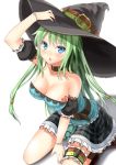  1girl :o alexmaster belt blue_eyes blue_hair blush bracelet breasts cleavage collar collarbone female frills green_hair hand_on_hat hand_on_head hat highres jewelry kneeling lace long_hair original plaid plaid_skirt sitting skirt solo thigh_strap wariza witch witch_hat 