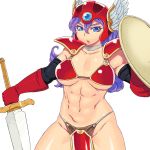  1girl armor bikini_armor blue_eyes breasts choker cleavage collarbone curly_hair dragon_quest dragon_quest_iii elbow_gloves gloves helmet large_breasts loincloth long_hair navel open_mouth purple_hair red_gloves shield shoulder_pads simple_background soldier_(dq3) solo sword tsukudani_(coke-buta) weapon white_background winged_helmet 